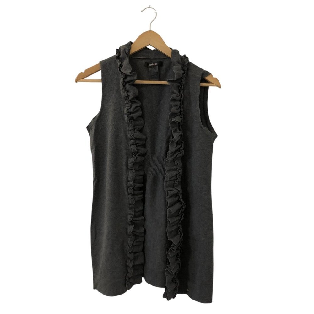 Style&Co. Ruffle Sleeveless Long Sweater Cardigan Vest Charcoal Gray Size Small